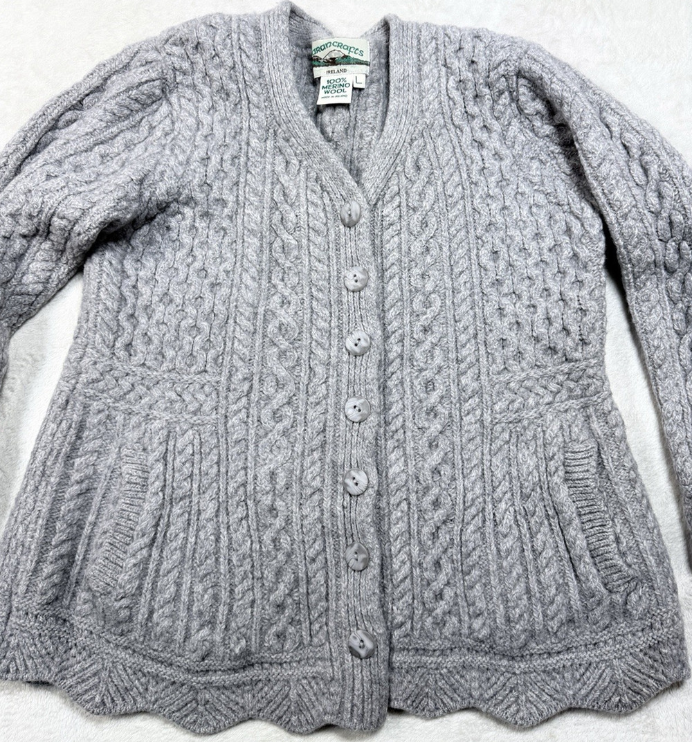 Aran Crafts Ireland 100% Merino Wool Scallop Hem Cable Knit Cardigan Gray Sz L